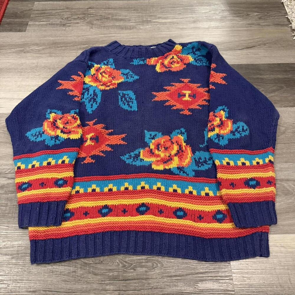 vintage Amanda braendel floral Aztec hand knit sweater L 90s